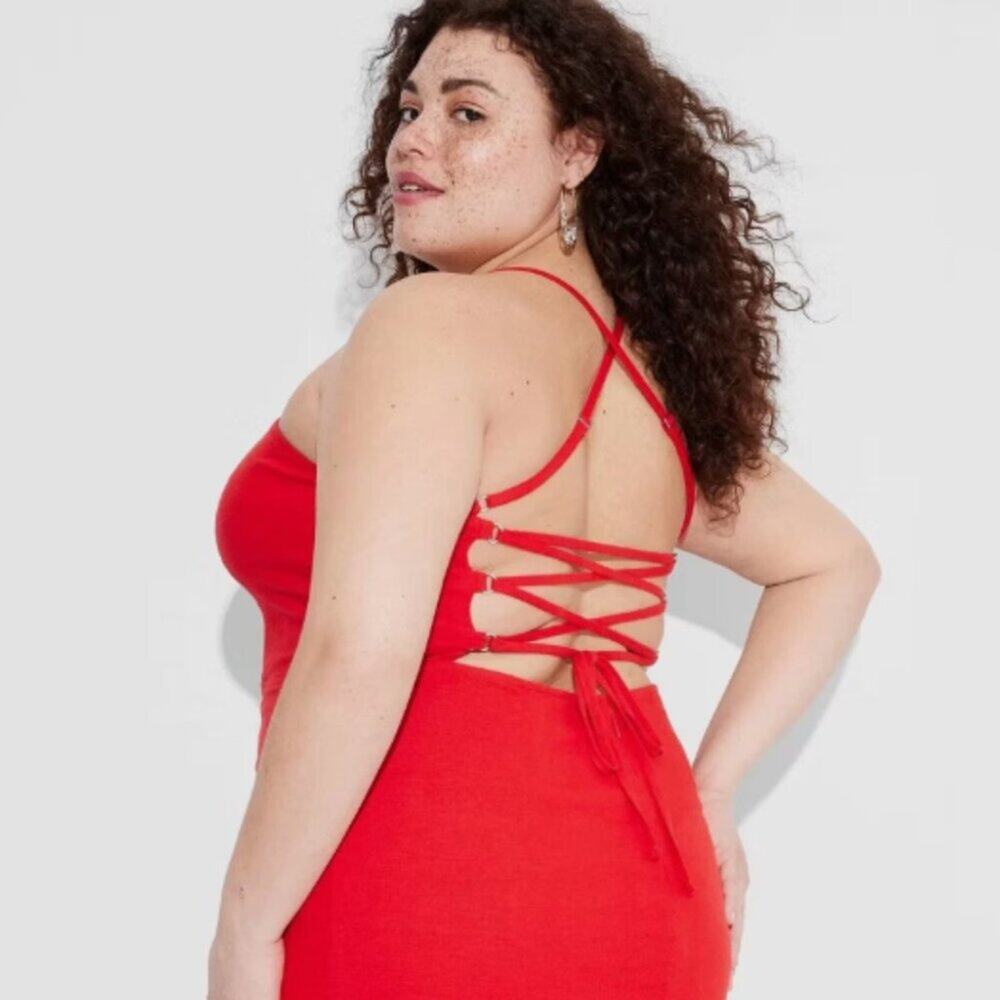 Wild Fable Red Linen Lace Back Midi Dress  Summer NWT Size 10